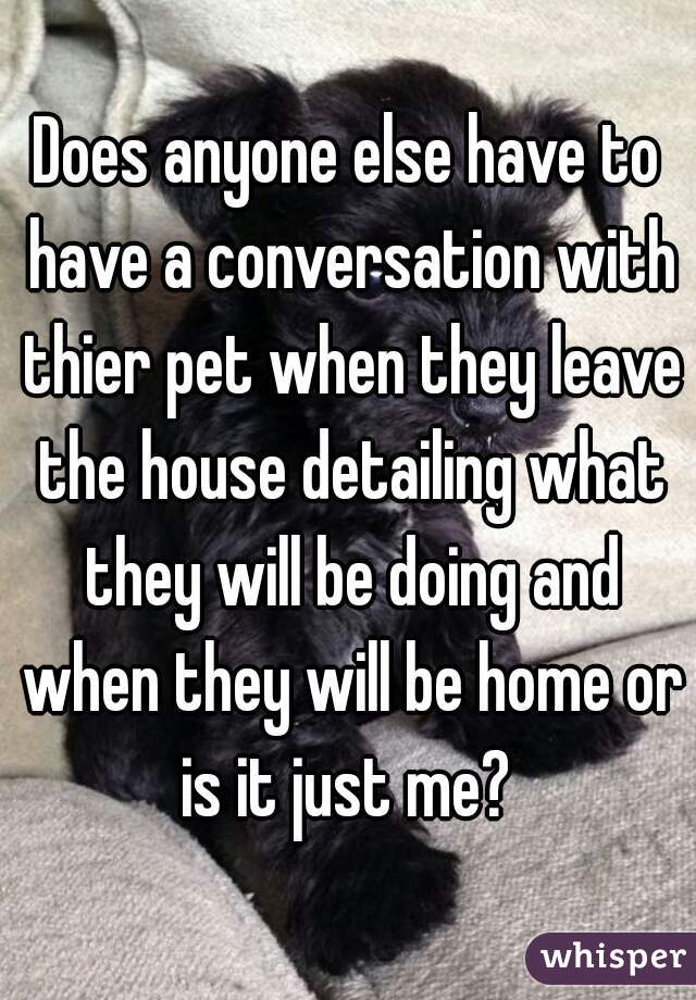 Does anyone else have to have a conversation with thier pet when they leave the house detailing what they will be doing and when they will be home or is it just me? 