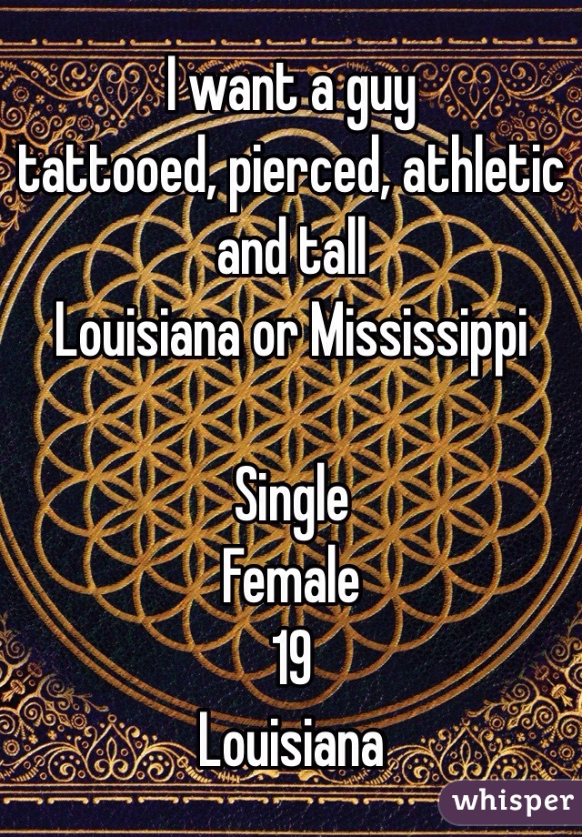 I want a guy
tattooed, pierced, athletic and tall
Louisiana or Mississippi 

Single
Female
19
Louisiana 