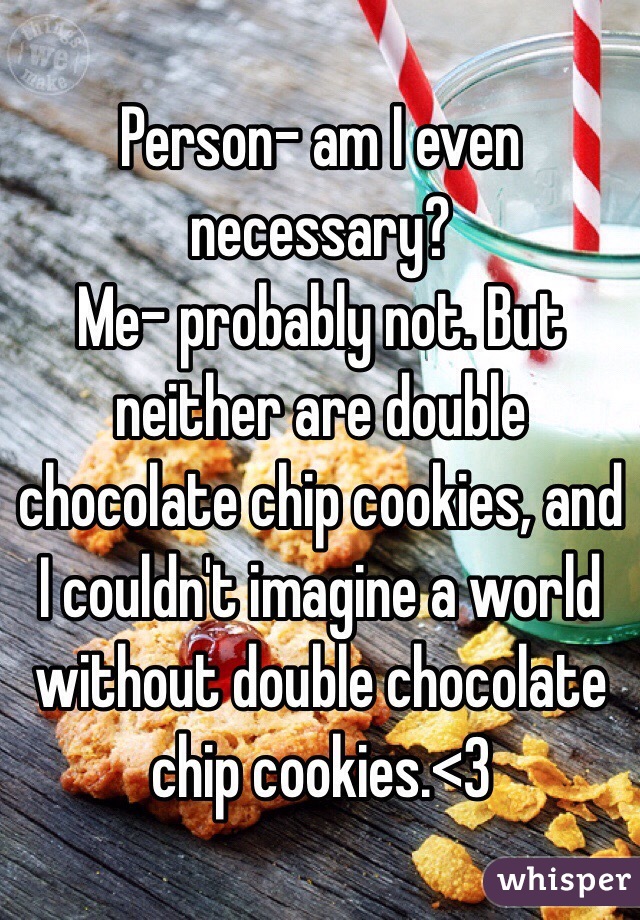 Person- am I even necessary?
Me- probably not. But neither are double chocolate chip cookies, and I couldn't imagine a world without double chocolate chip cookies.<3
