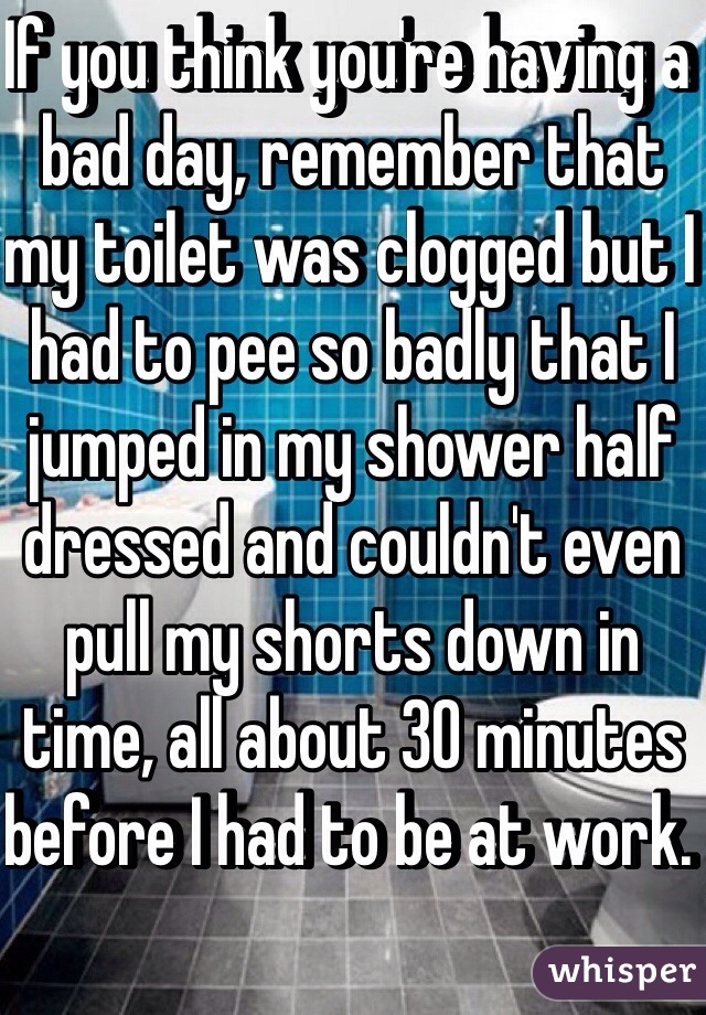If you think you're having a bad day, remember that my toilet was clogged but I had to pee so badly that I jumped in my shower half dressed and couldn't even pull my shorts down in time, all about 30 minutes before I had to be at work. 
