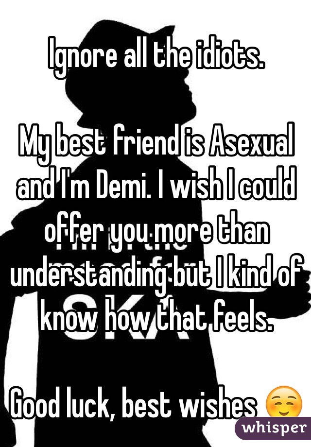 Ignore all the idiots. 

My best friend is Asexual and I'm Demi. I wish I could offer you more than understanding but I kind of know how that feels. 

Good luck, best wishes ☺️