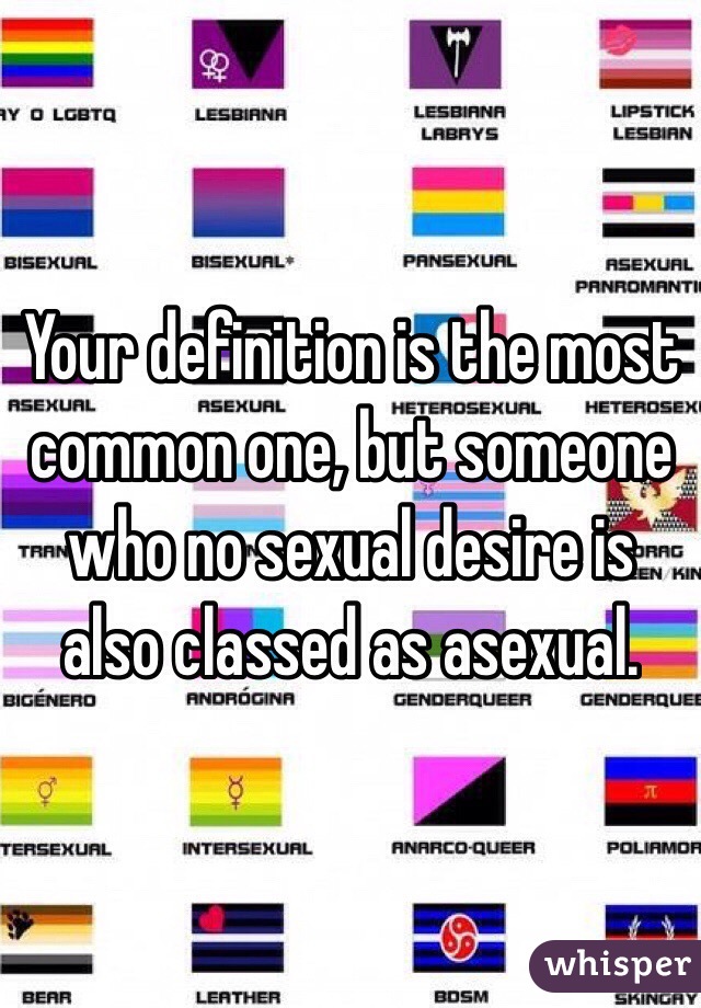 Your definition is the most common one, but someone who no sexual desire is also classed as asexual.