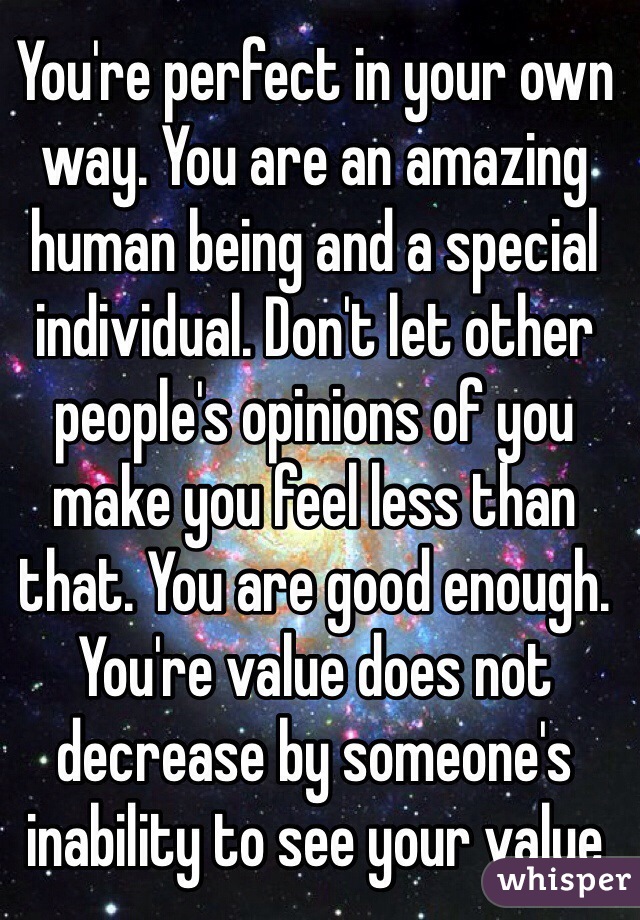 You're perfect in your own way. You are an amazing human being and a special individual. Don't let other people's opinions of you make you feel less than that. You are good enough. 
You're value does not decrease by someone's inability to see your value 