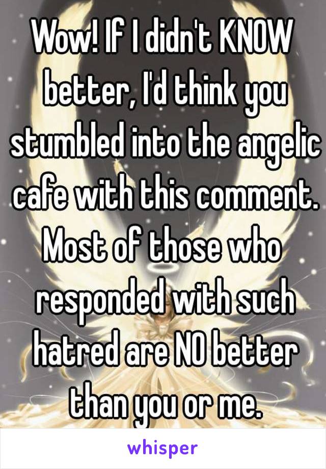Wow! If I didn't KNOW better, I'd think you stumbled into the angelic cafe with this comment.
Most of those who responded with such hatred are NO better than you or me.