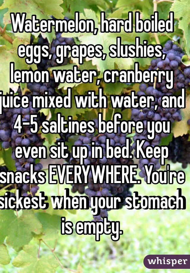 Watermelon, hard boiled eggs, grapes, slushies, lemon water, cranberry juice mixed with water, and 4-5 saltines before you even sit up in bed. Keep snacks EVERYWHERE. You're sickest when your stomach is empty. 