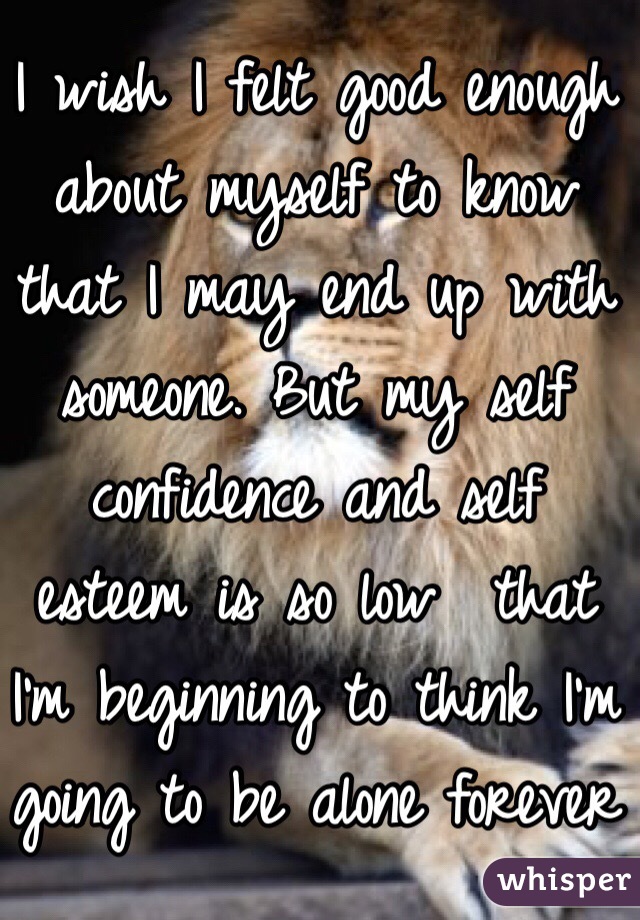 I wish I felt good enough about myself to know that I may end up with someone. But my self confidence and self esteem is so low  that I'm beginning to think I'm going to be alone forever 