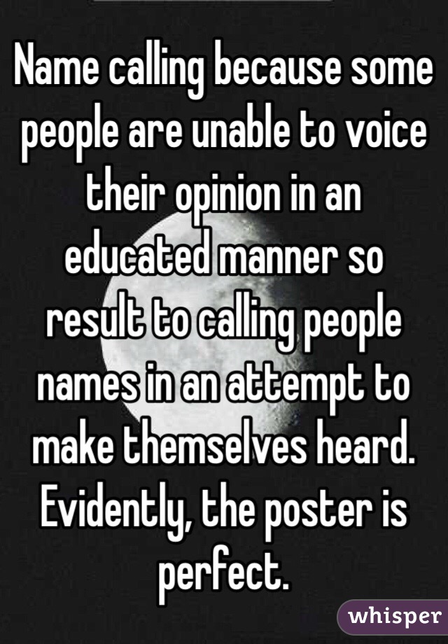 Name calling because some people are unable to voice their opinion in an educated manner so result to calling people names in an attempt to make themselves heard. Evidently, the poster is perfect. 