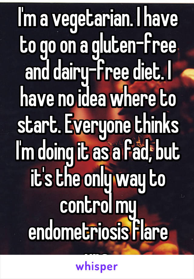 I'm a vegetarian. I have to go on a gluten-free and dairy-free diet. I have no idea where to start. Everyone thinks I'm doing it as a fad, but it's the only way to control my endometriosis flare ups.