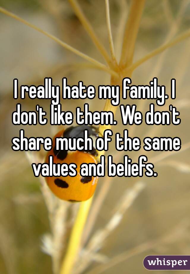 I really hate my family. I don't like them. We don't share much of the same values and beliefs. 