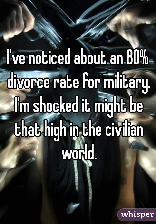 I've noticed about an 80% divorce rate for military. I'm shocked it might be that high in the civilian world.