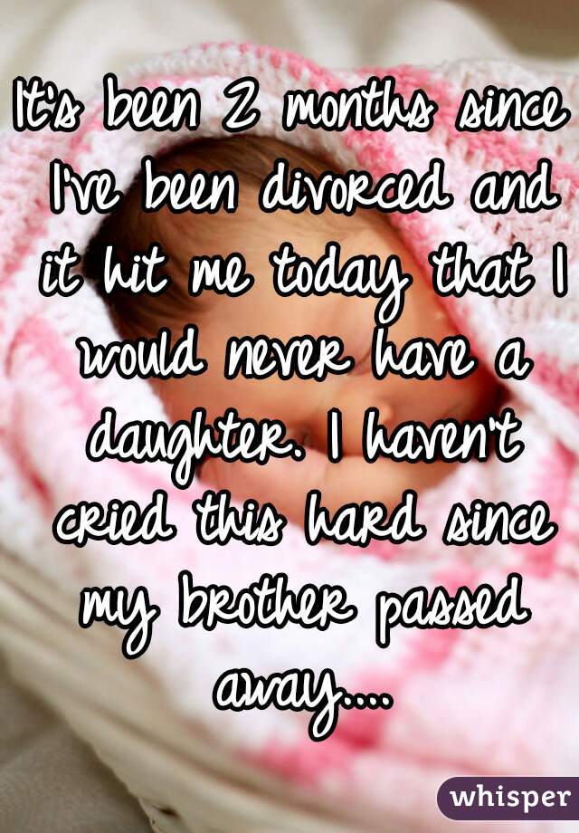 It's been 2 months since I've been divorced and it hit me today that I would never have a daughter. I haven't cried this hard since my brother passed away....