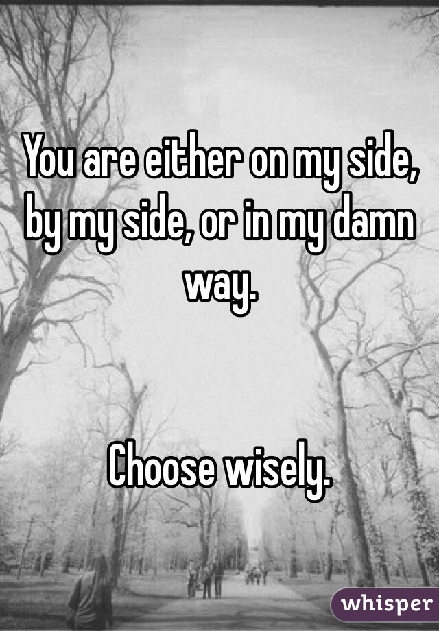 You are either on my side, by my side, or in my damn way. 


Choose wisely.