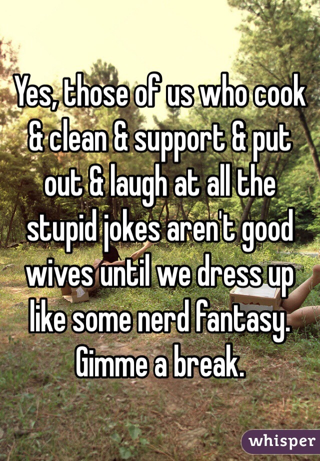 Yes, those of us who cook & clean & support & put out & laugh at all the stupid jokes aren't good wives until we dress up like some nerd fantasy. Gimme a break.