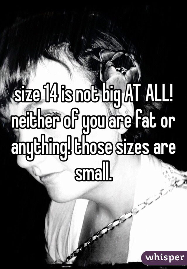 size 14 is not big AT ALL! neither of you are fat or anything! those sizes are small.