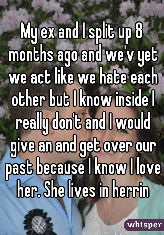 My ex and I split up 8 months ago and we'v yet we act like we hate each other but I know inside I really don't and I would give an and get over our past because I know I love her. She lives in herrin