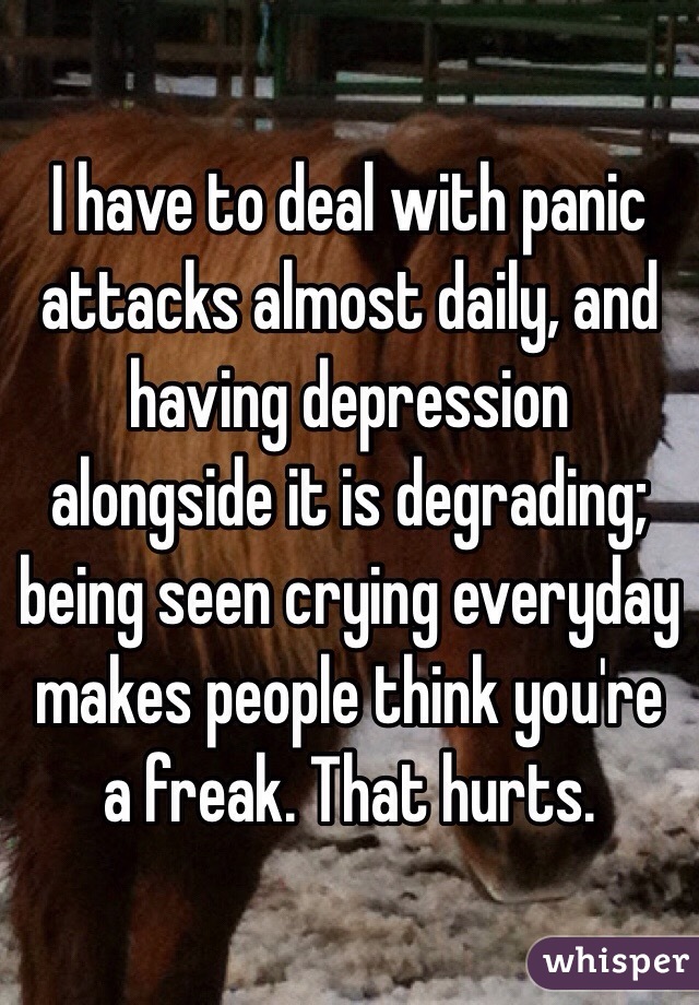 I have to deal with panic attacks almost daily, and having depression alongside it is degrading; being seen crying everyday makes people think you're a freak. That hurts.