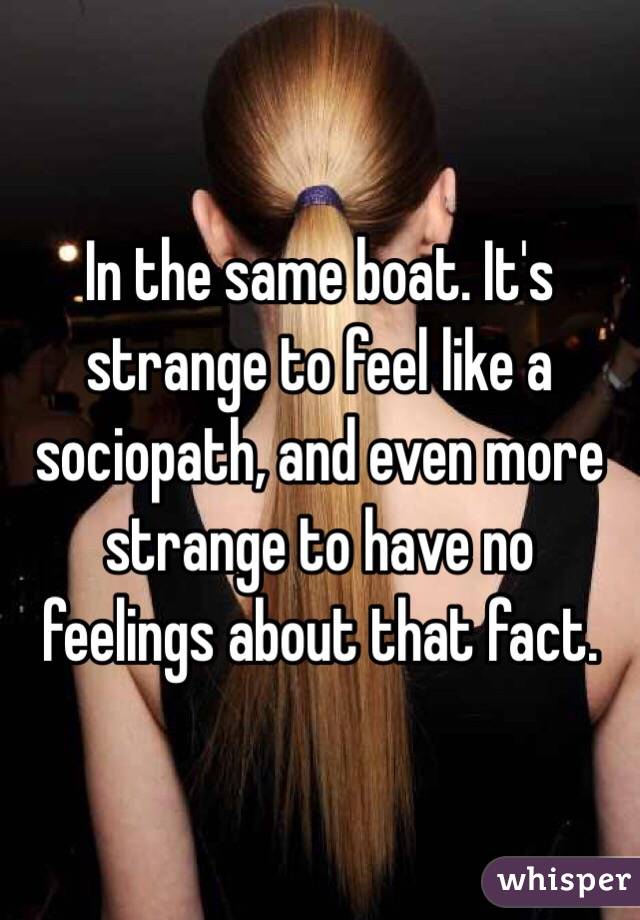 In the same boat. It's strange to feel like a sociopath, and even more strange to have no feelings about that fact. 