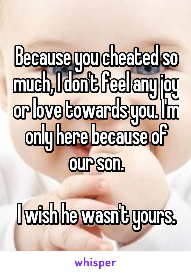Because you cheated so much, I don't feel any joy or love towards you. I'm only here because of our son.

I wish he wasn't yours.