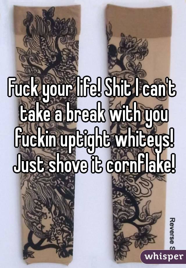 Fuck your life! Shit I can't take a break with you fuckin uptight whiteys! Just shove it cornflake!