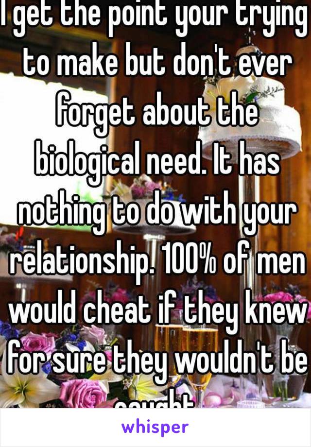 I get the point your trying to make but don't ever forget about the biological need. It has nothing to do with your relationship. 100% of men would cheat if they knew for sure they wouldn't be caught.