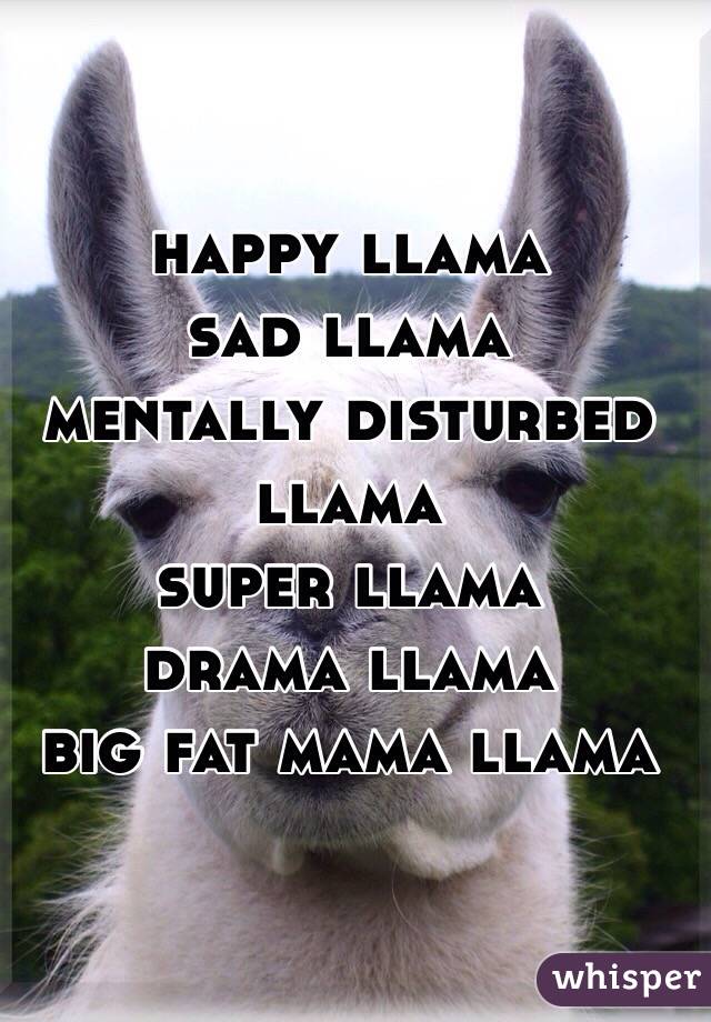 happy llama
sad llama
mentally disturbed llama
super llama
drama llama
big fat mama llama
