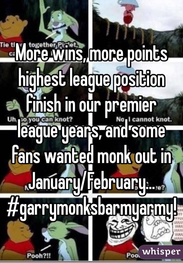 More wins, more points highest league position finish in our premier league years, and some fans wanted monk out in January/February... #garrymonksbarmyarmy! 