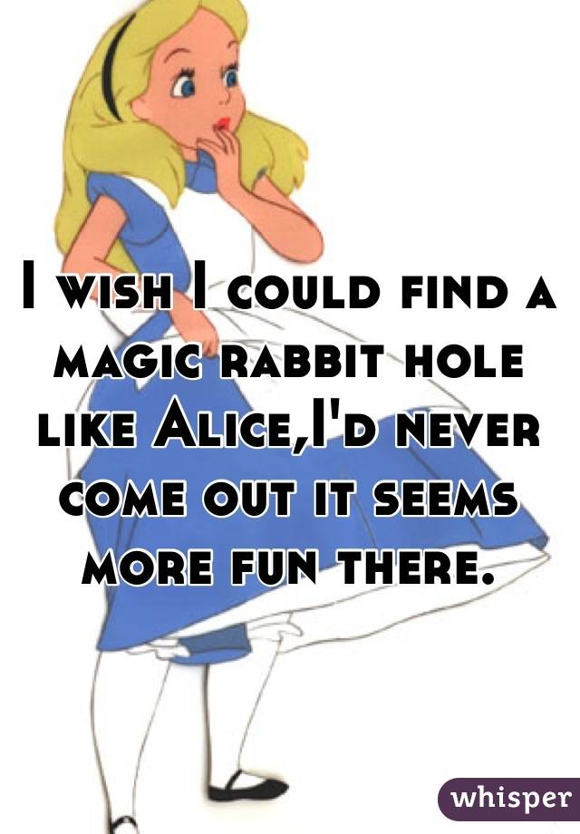 I wish I could find a magic rabbit hole like Alice,I'd never come out it seems more fun there.