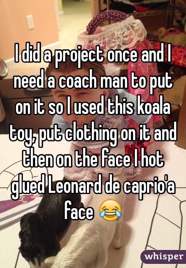  I did a project once and I need a coach man to put on it so I used this koala toy, put clothing on it and then on the face I hot glued Leonard de caprio'a face 😂
