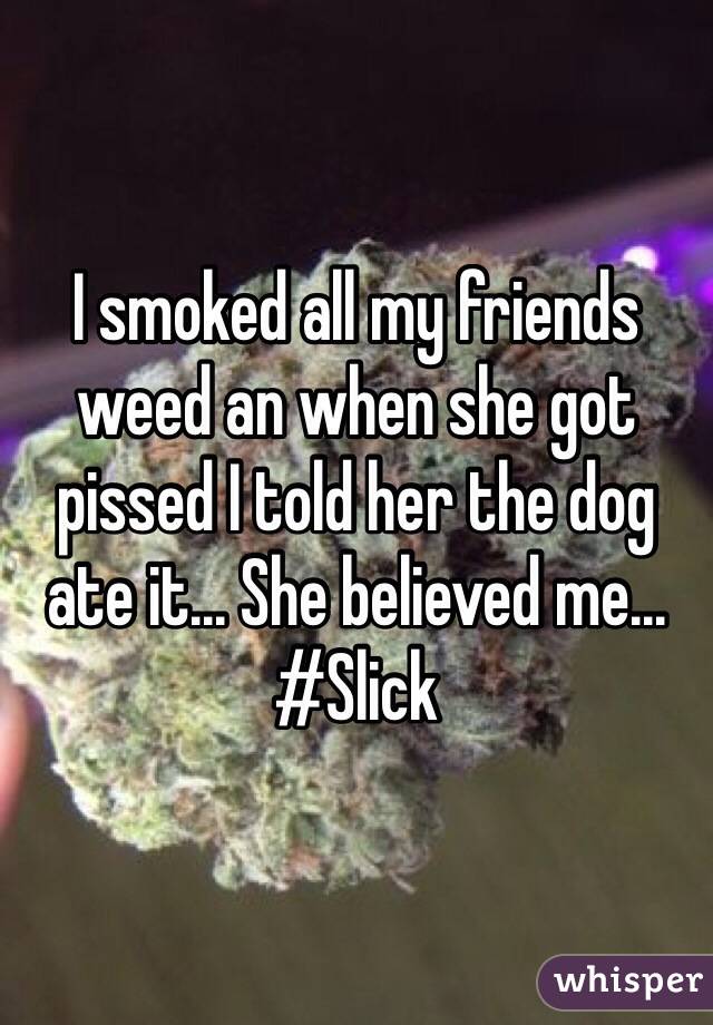 I smoked all my friends weed an when she got pissed I told her the dog ate it... She believed me... #Slick