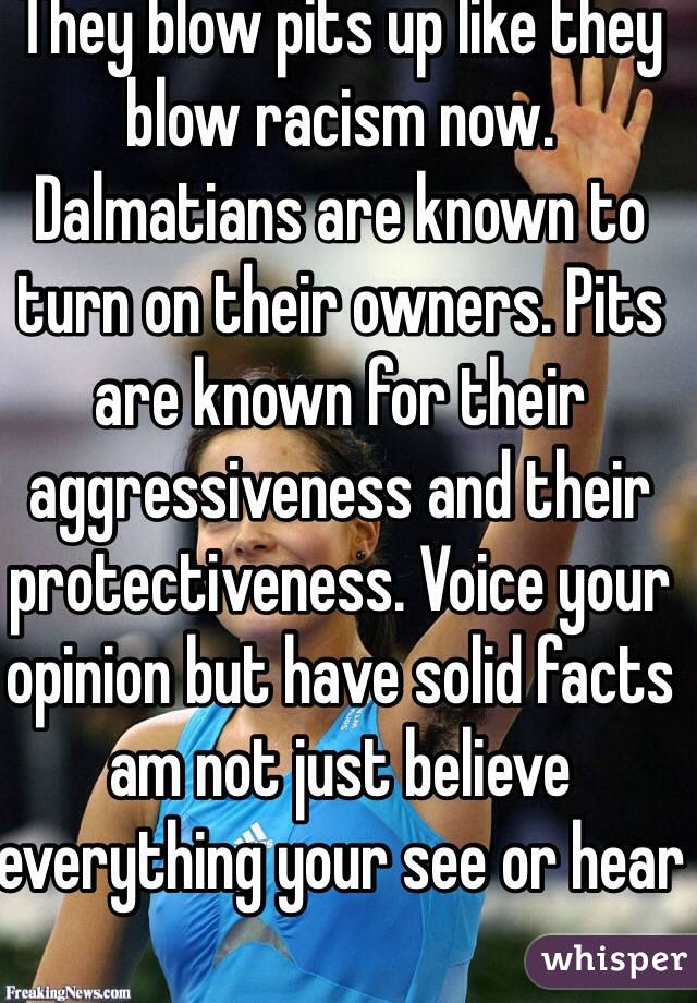 They blow pits up like they blow racism now. Dalmatians are known to turn on their owners. Pits are known for their aggressiveness and their protectiveness. Voice your opinion but have solid facts am not just believe everything your see or hear