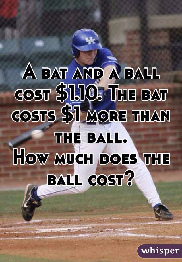 A bat and a ball cost $1.10. The bat costs $1 more than the ball. 
How much does the ball cost?