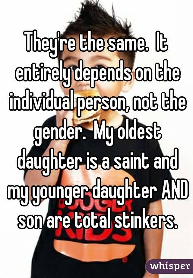 They're the same.  It entirely depends on the individual person, not the gender.  My oldest daughter is a saint and my younger daughter AND son are total stinkers.