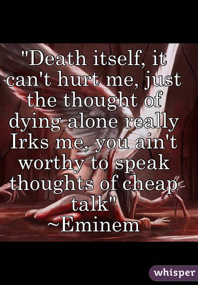 "Death itself, it can't hurt me, just the thought of dying alone really Irks me, you ain't worthy to speak thoughts of cheap talk"
~Eminem
