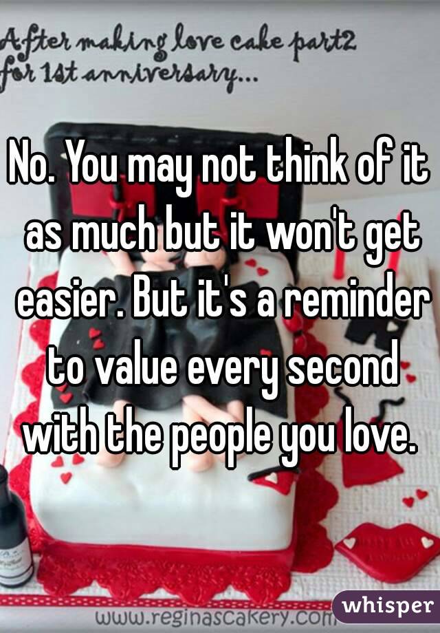 No. You may not think of it as much but it won't get easier. But it's a reminder to value every second with the people you love. 