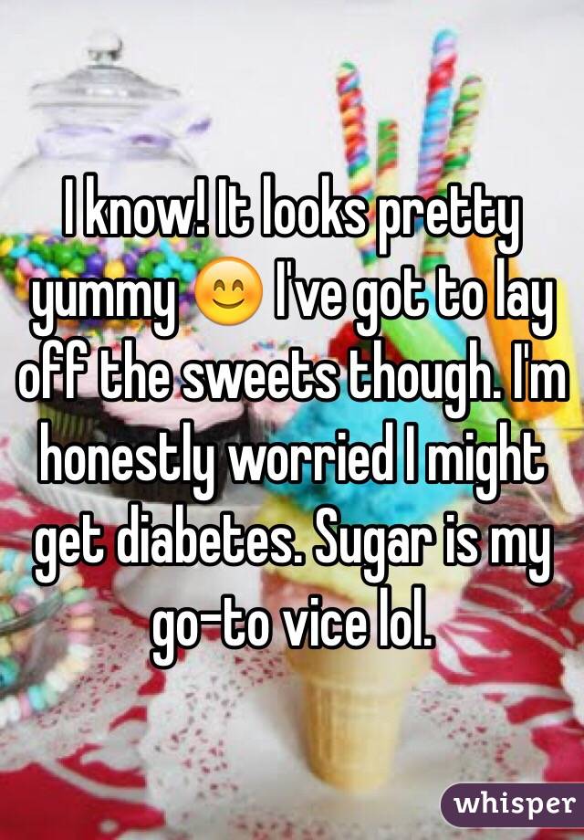  I know! It looks pretty yummy 😊 I've got to lay off the sweets though. I'm honestly worried I might get diabetes. Sugar is my go-to vice lol.