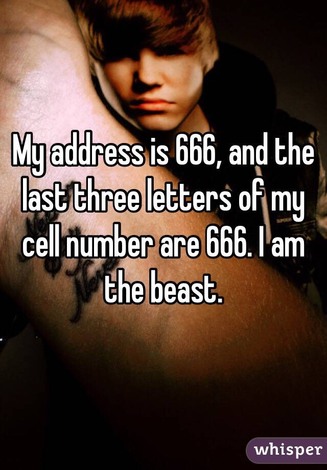 My address is 666, and the last three letters of my cell number are 666. I am the beast. 