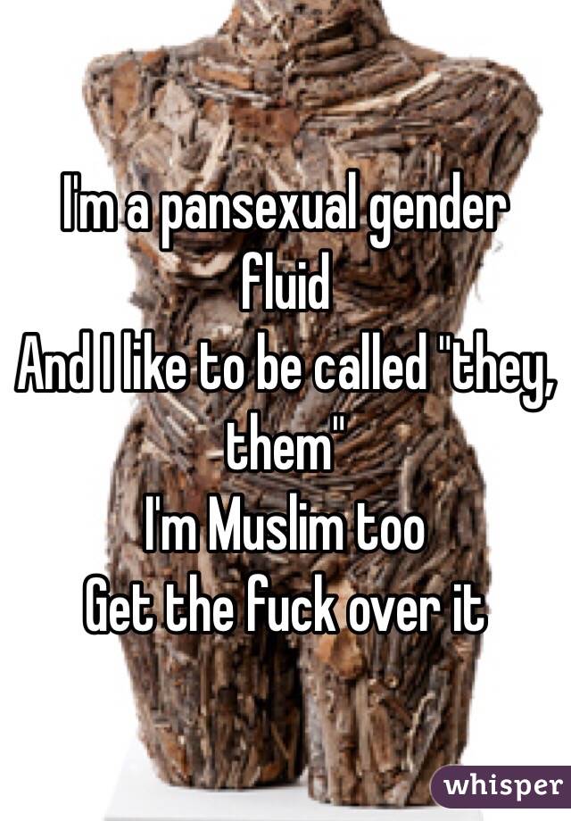 I'm a pansexual gender fluid 
And I like to be called "they, them"
I'm Muslim too
Get the fuck over it