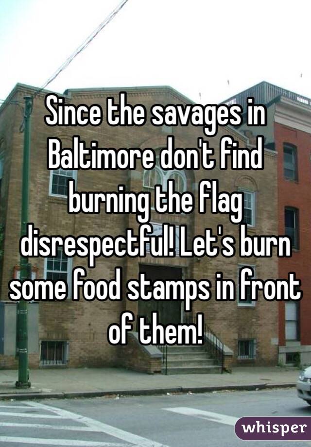 Since the savages in Baltimore don't find burning the flag disrespectful! Let's burn some food stamps in front of them! 