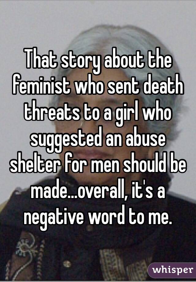 That story about the feminist who sent death threats to a girl who suggested an abuse shelter for men should be made...overall, it's a negative word to me.