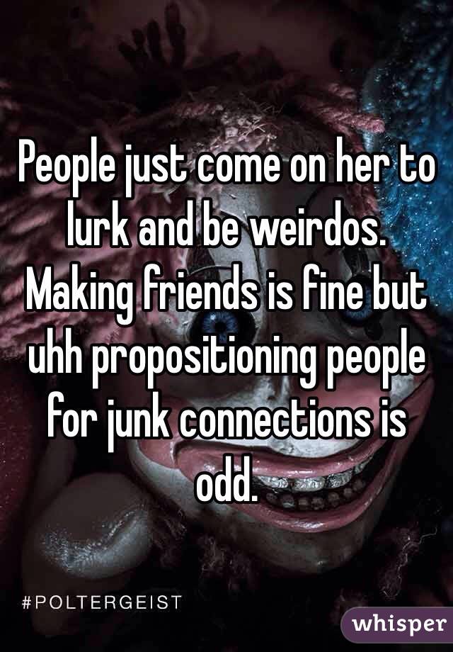People just come on her to lurk and be weirdos. Making friends is fine but uhh propositioning people for junk connections is odd. 