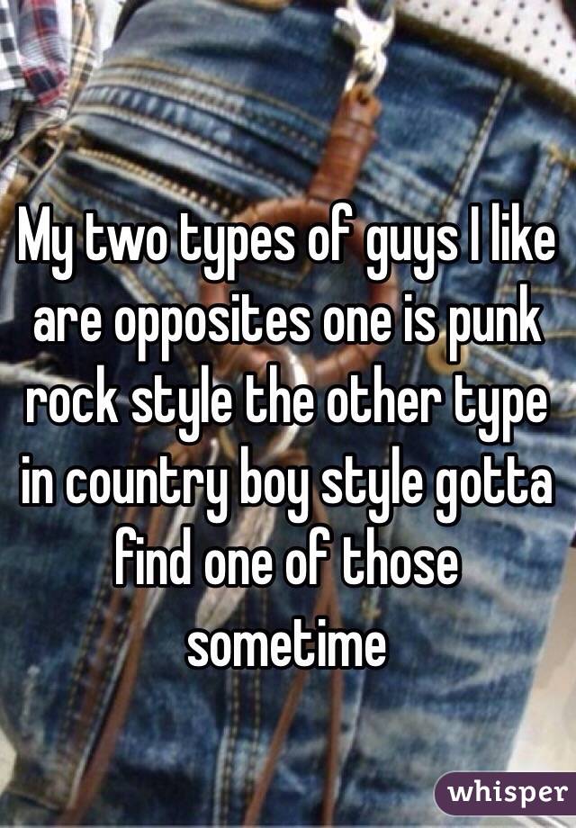 My two types of guys I like are opposites one is punk rock style the other type in country boy style gotta find one of those sometime 