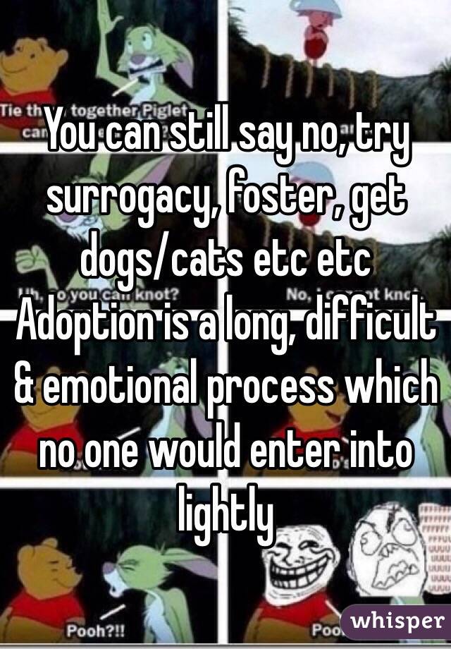 You can still say no, try surrogacy, foster, get dogs/cats etc etc
Adoption is a long, difficult & emotional process which no one would enter into lightly