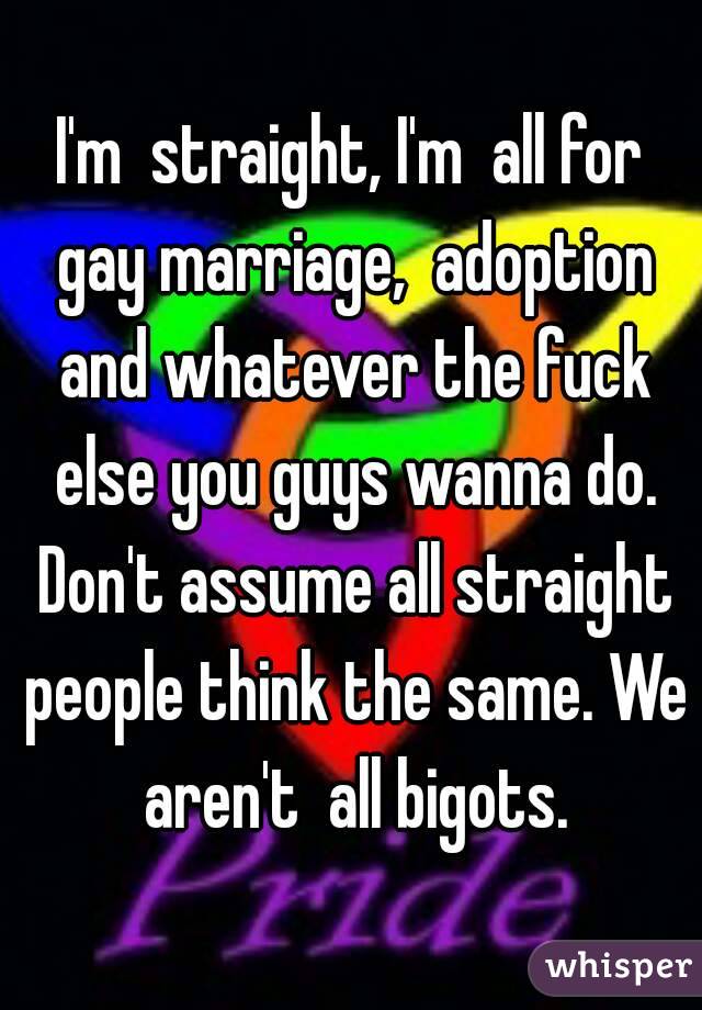 I'm  straight, I'm  all for gay marriage,  adoption and whatever the fuck else you guys wanna do. Don't assume all straight people think the same. We aren't  all bigots.