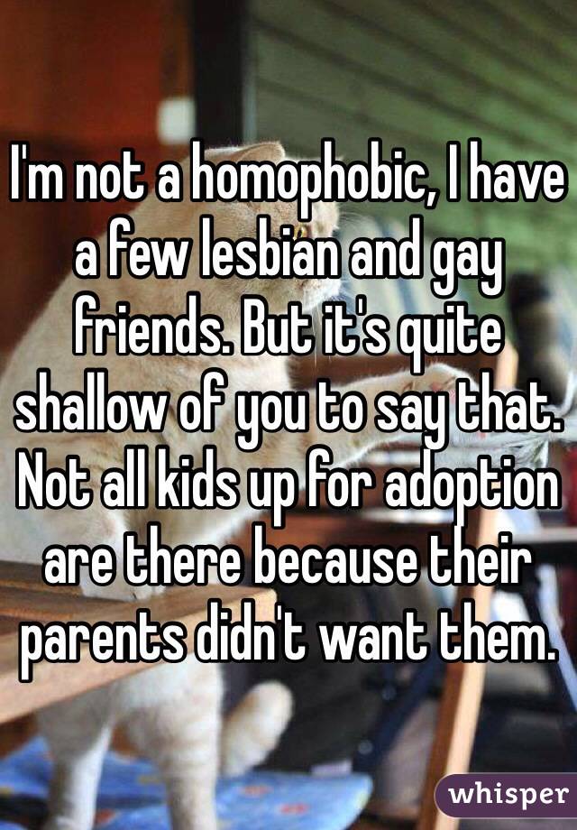 I'm not a homophobic, I have a few lesbian and gay friends. But it's quite shallow of you to say that. Not all kids up for adoption are there because their parents didn't want them. 