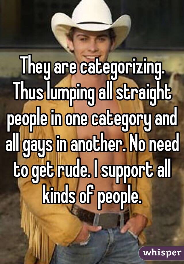 They are categorizing. Thus lumping all straight people in one category and all gays in another. No need to get rude. I support all kinds of people.