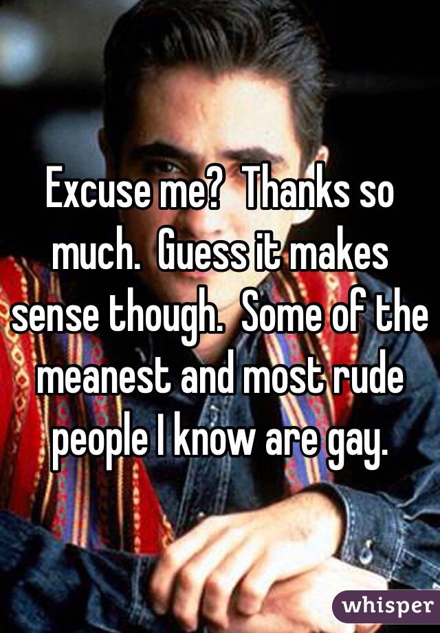 Excuse me?  Thanks so much.  Guess it makes sense though.  Some of the meanest and most rude people I know are gay.