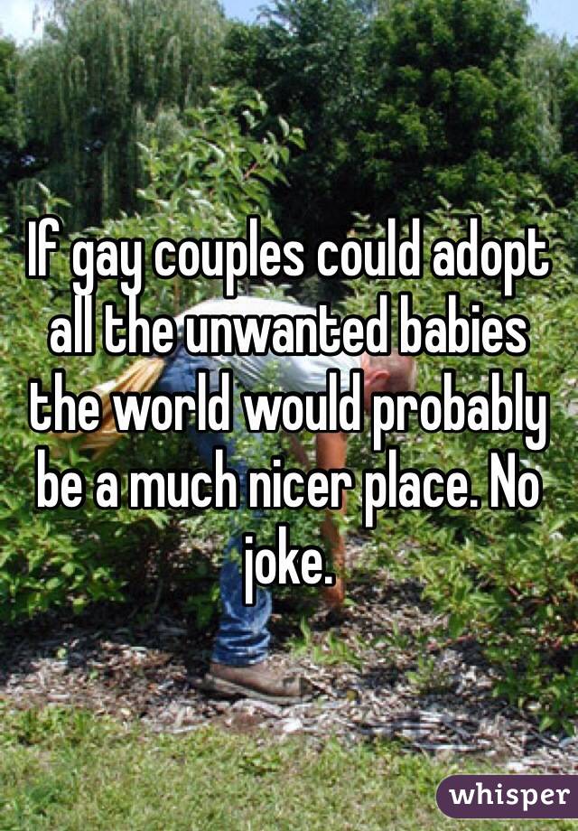 If gay couples could adopt all the unwanted babies the world would probably be a much nicer place. No joke.