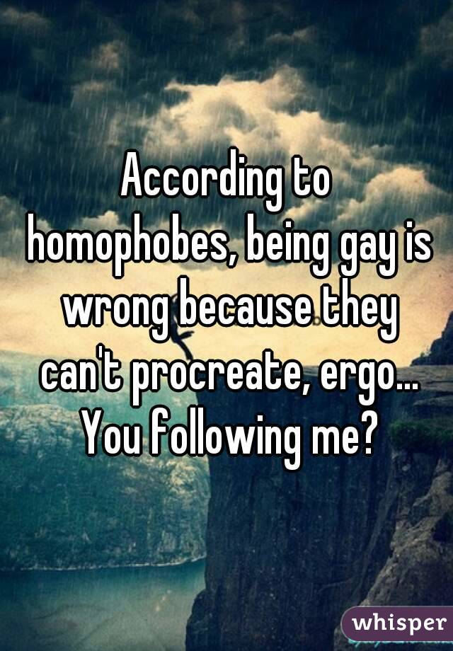 According to homophobes, being gay is wrong because they can't procreate, ergo... You following me?