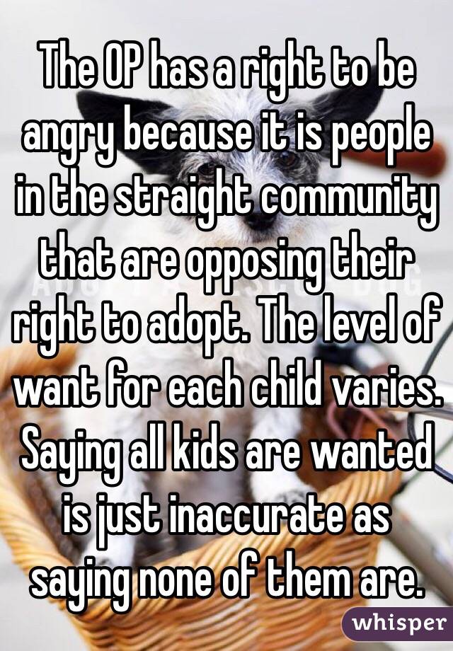 The OP has a right to be angry because it is people in the straight community that are opposing their right to adopt. The level of want for each child varies. Saying all kids are wanted is just inaccurate as saying none of them are. 