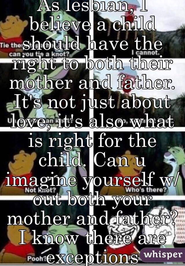 As lesbian, I believe a child should have the right to both their mother and father. It's not just about love, it's also what is right for the child. Can u imagine yourself w/out both your mother and father? I know there are exceptions